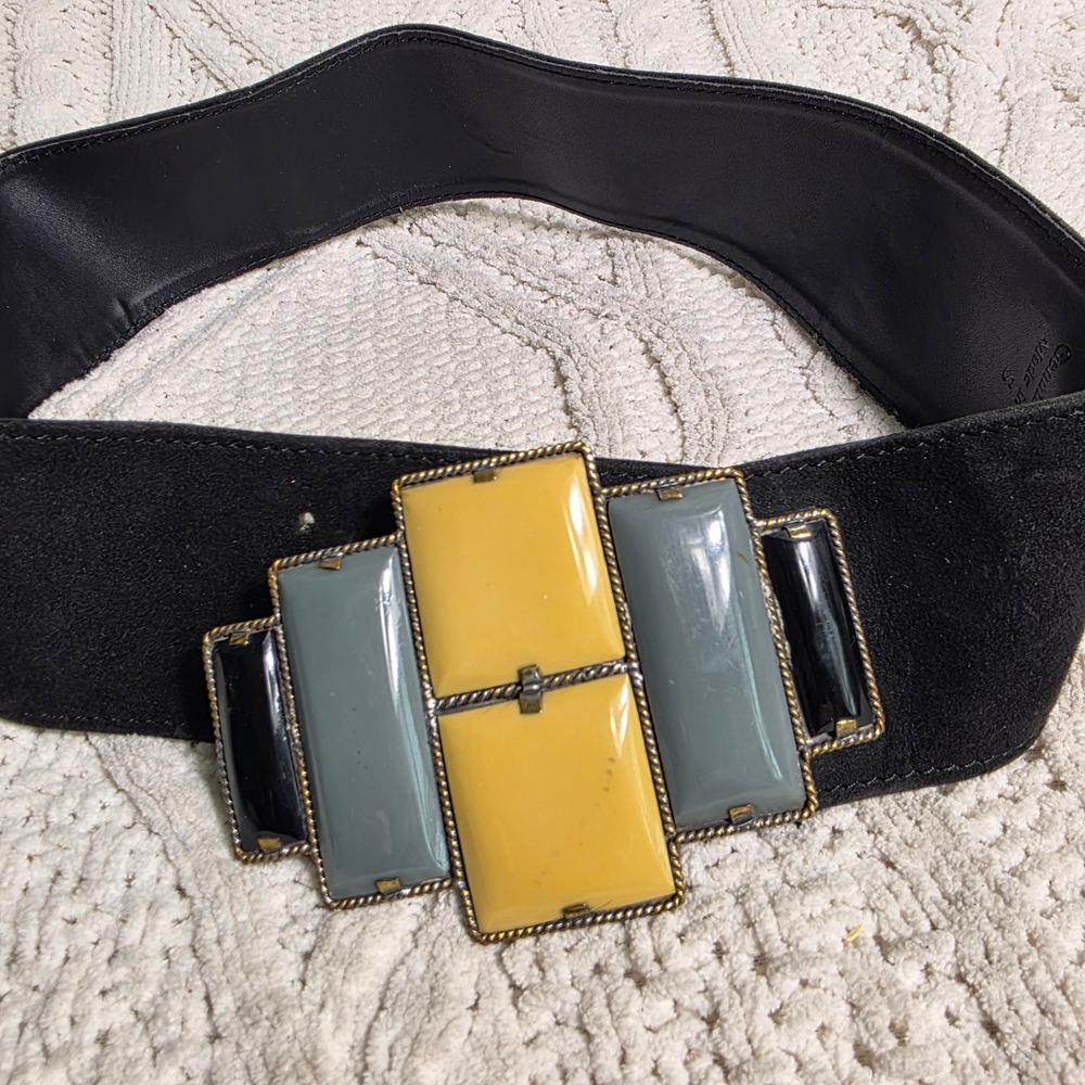 Motif 56 Art Deco Belt Black Suede Resin Brass Buckle 3" Wide Women Small 24-28"